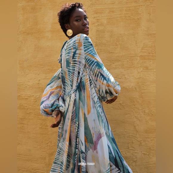 NWT Andrea Iyamah Sade Cover Up Chiffon Maxi Dress Size S/M (US 6-10) Blue/Gold - Picture 2 of 16